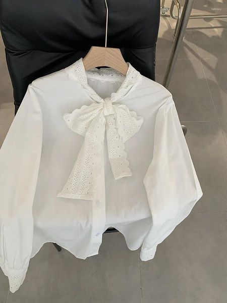 Blusas femininas camisas 2023 mulher camisas de mujer blusas elegantes estilo coreano arco colarinho topos manga longa camisa branca