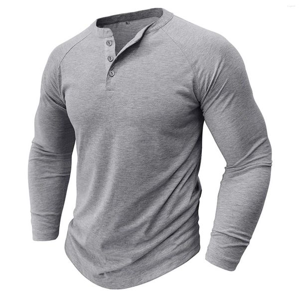 Herren T-Shirts Hemd Slim Casual Muscle Male Outfits Langarm Knopf V-Ausschnitt Top Workout Pullover Lose Streetwear Hübsch