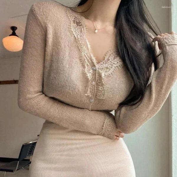 Malhas femininas coreano sexy renda com decote em v botão cardigans feminino camisola de lã cor sólida manga longa de malha topos outono fino ajuste roupas 29888