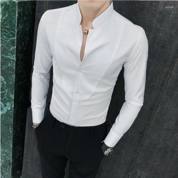 Männer Casual Hemden 4XL 5XL Herbst Solide Langarm Kleid Hemd Männer Kleidung Einfache Slim Fit V-ausschnitt Formale Tragen büro Bluse Homme