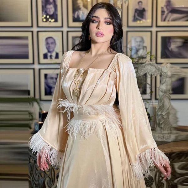 Roupas étnicas Pena Kaftan Árabe Noite Long Maxi Vestido Mulheres Brilhantes Cetim Eid Vestidos de Festa Muçulmanos Jalabiya Dubai Turco Abayas