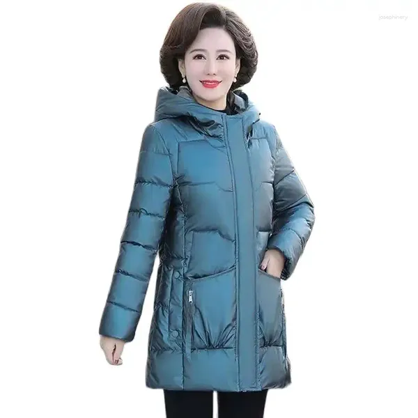 Casacos de Trench Femininos Moda Wash-Free Down Jacket Mid-Comprimento Inverno Cor Brilhante Acolchoada Mulheres de Meia Idade e Idosos