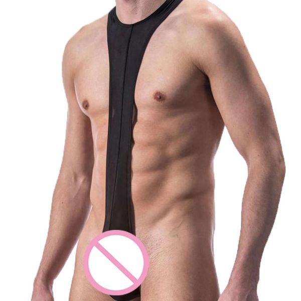 Bodysuit de malha sexy masculino ver através de camiseta erótica translúcida bolsa apertada suspender t voltar macacão roupas flertando