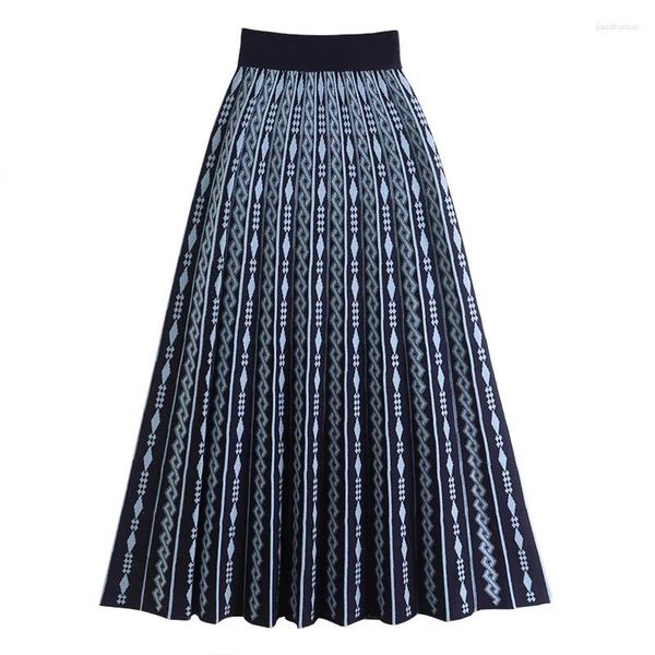 Юбки TIGENA, винтажная вязаная длинная юбка для женщин, осень-зима 2023, модная клетчатая трапециевидная юбка с высокой талией, плиссированная женская миди