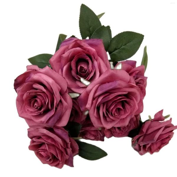 Flores decorativas One Silk Rose Bunch Flower 9/10 Cabeças Artificial Francês Artificial Para Centrões de Casamento Mesa de Casa Floral Deco