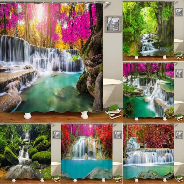 Cortinas de chuveiro natureza floresta cachoeira 3d cortina de chuveiro paisagem cortinas de banheiro tecido impermeável com ganchos decoração de casa cortina de banho 231122