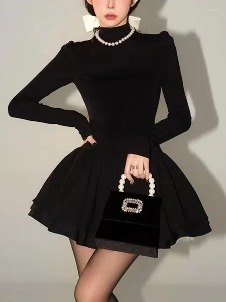Vestidos casuais 2023 inverno preto vintage francês One peça vestido mulheres princesa