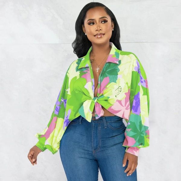 Blusas femininas verão 2023 solto cardigan batwing manga superior lapela planta floral impressão camisa longa feminina