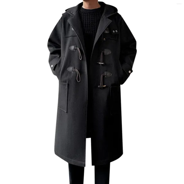 Männer Jacken Herbst Winter Mann Jacke Mittellange Mäntel Soild Kapuze Windjacke Lose Woolen Horn Schnalle Tasche Schnell