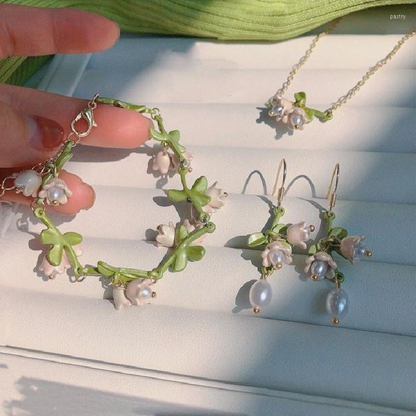 Halskette Ohrringe Set Trendy Orchideen Blumen Perle Braceltes Halsband Halsketten Für Frauen Mädchen 2023 Pflanze Party Hochzeit Schmuck
