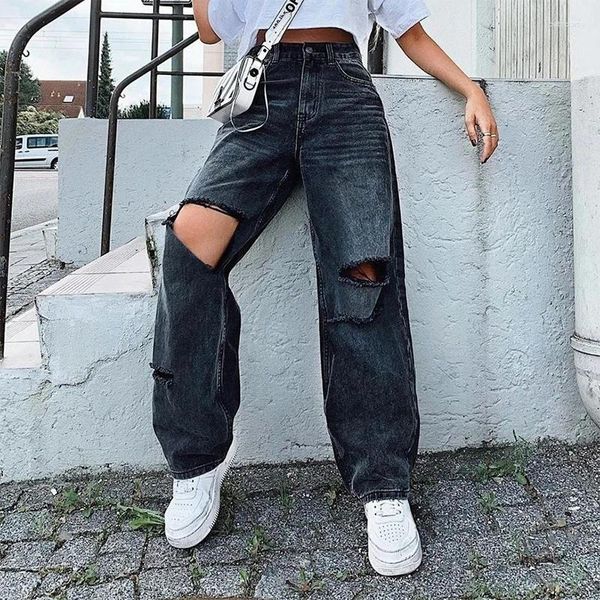 Damenhosen Zerrissene Frauen Jeans Breites Bein Lange Damen Schwarz Mode Lose Hohe Taille Vintage Denim Loch Koreanische Hose