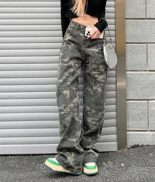 Pantaloni da donna Moda mimetica militare americana Hip Hop Street Dance Jeans larghi da lavoro a gamba larga Ins Trend all'ingrosso