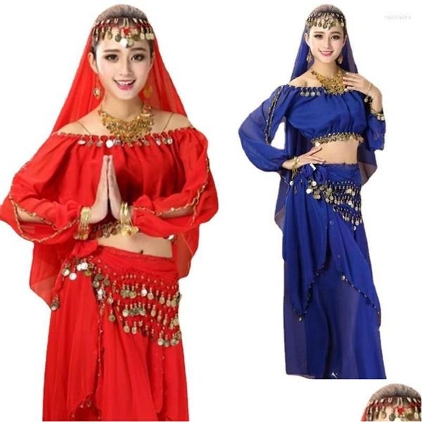 Stage Wear Donna 4 pezzi Set Costumi di danza del ventre Costume di danza orientale egiziana Abito di Bollywood Abbigliamento di danza del ventre Abbigliamento di consegna di consegna Dhst7