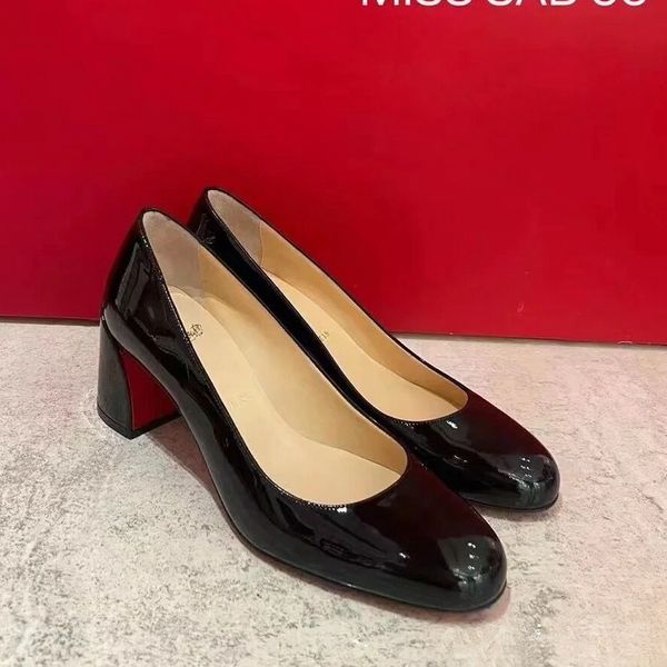 Designer mulheres sapatos de salto alto vermelho brilhante bottoms salto grosso dedo do pé redondo nu couro preto marca de luxo sapatos de casamento vermelho com saco de pó tamanho 35-43