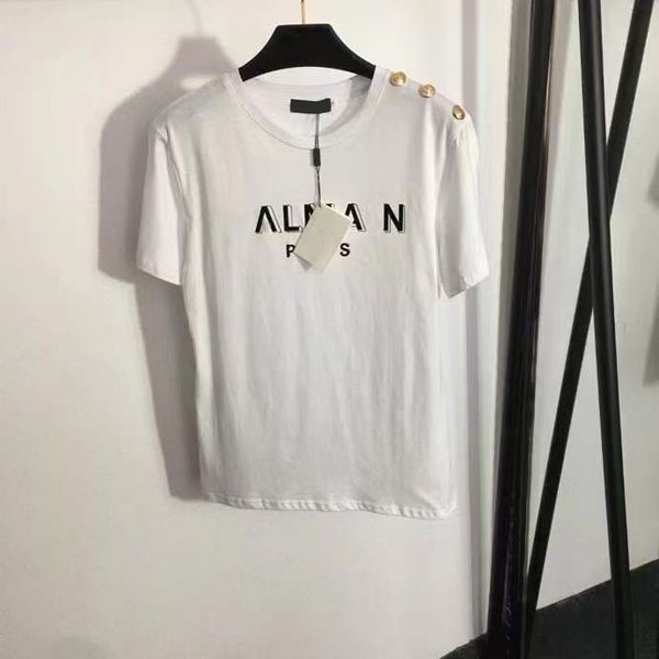 2023 Tasarımcılar Tişörtler Kadın Tees Giyim Yeni Omuz Düğmesi Sıcak Altın Mektup Baskı Kısa Kollu T-Shirt Beyaz Gül Kırmızı Siyah Üstler Resmi Aynı Stil Bozlar Üst SML
