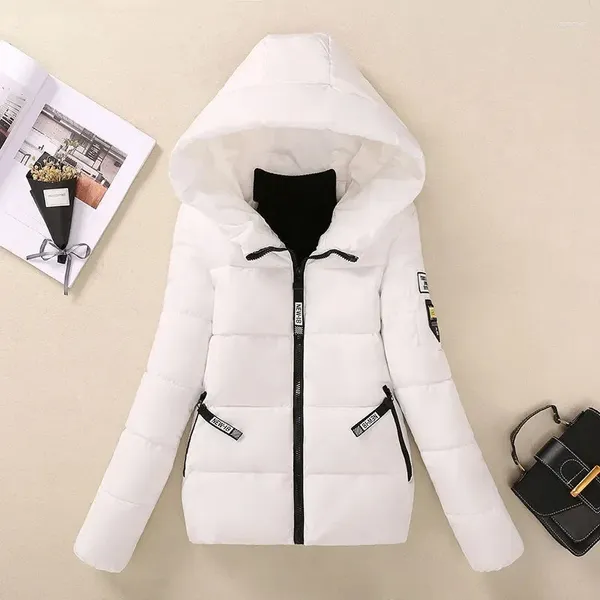 Casacos de trincheira femininos 2023 moda pura jaqueta branca inverno com capuz feminino quente parkas magro estudante curto outerwear outono roupas