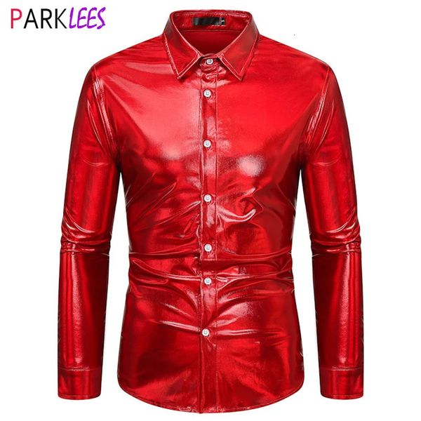 Männer Casual Hemden Herren Rot Metallic Disco Glänzende Kleid Hemden Marke Langarm Nachtclub Tragen Hemden Tanz Bühne Prom Party chemise Homme 231122