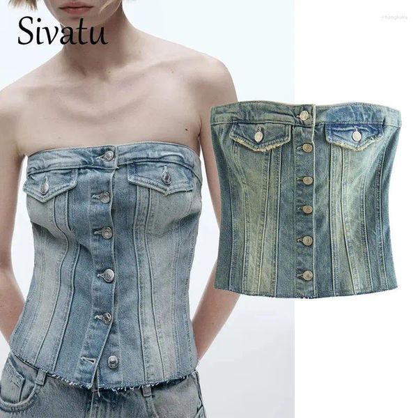 Canotte da donna Sivatu Blu Crop Top Donna Corsetto di jeans Donna Y2K Off Spalla Tubo sexy Donna Party Fashion Estate Tops Streetwear