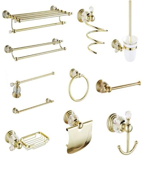 Set di accessori da bagno Accessori da bagno in oro lucido Accessori decorativi in cristallo bianco Porta asciugamano doppio in ottone massiccioBath3089160