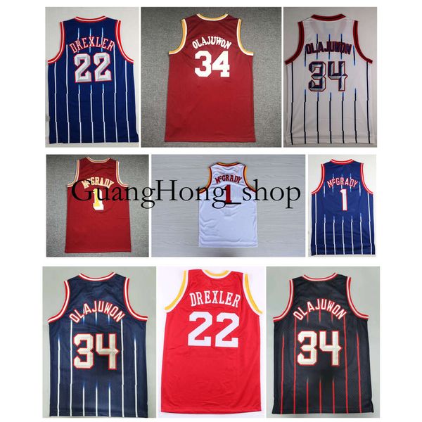 GH Rocket Tracy Mcgrady Basketballtrikot Houstons Hakeem Oluwon Mitch Ness Clyde Drexler Lila Schwarz Weiß Größe S-XXL