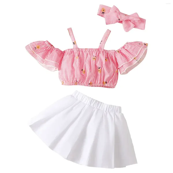 Kleidungssets für Vorschulkinder, kurzärmlig, mit Blumenstreifen bedruckt, Oberteil, reinweiß, Rock-Set, geeignet für Babys, Chambray-Langarm
