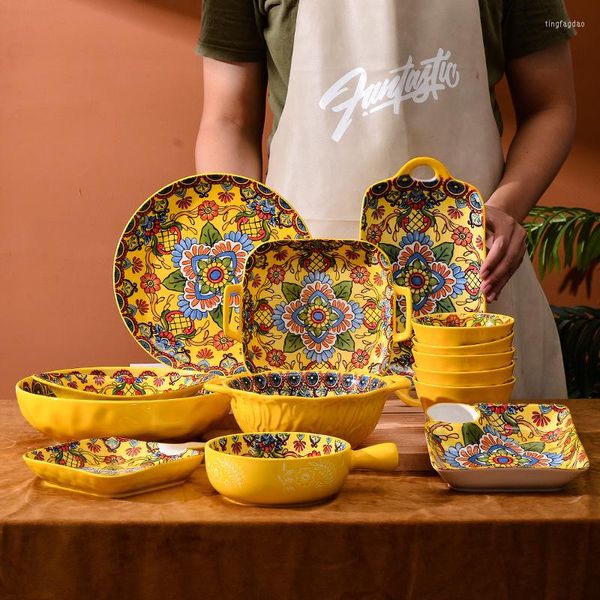 Utensílios de jantar conjuntos de mesa cerâmica boêmio pratos encantadores de sopa amarela pratos de atacado retro de alto valor tigela de arroz