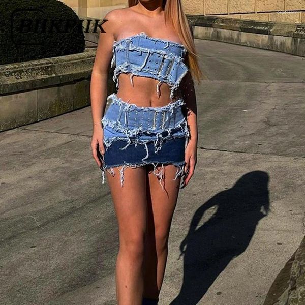 Arbeitskleider BIIKPIIK Mode Frauen Denim 2 Röcke Sets Reißverschluss Sexy Top Patchwork Prägnante Anzüge Sommer Streetwear Stil Kleidung