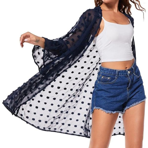 Kadın bluzları moda kadınlar şifon bluz güneş kremi hırka polka nokta beyaz gömlek ve yazlık büyük boy gömlek blusas uzun üst