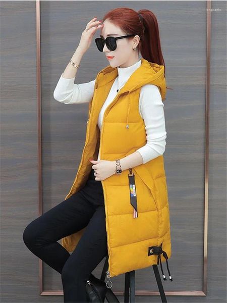 Женские жилеты, модная стеганая куртка с капюшоном, жилет средней длины, осенне-зимнее холодное пальто, теплый кардиган без рукавов, облегающий корейский