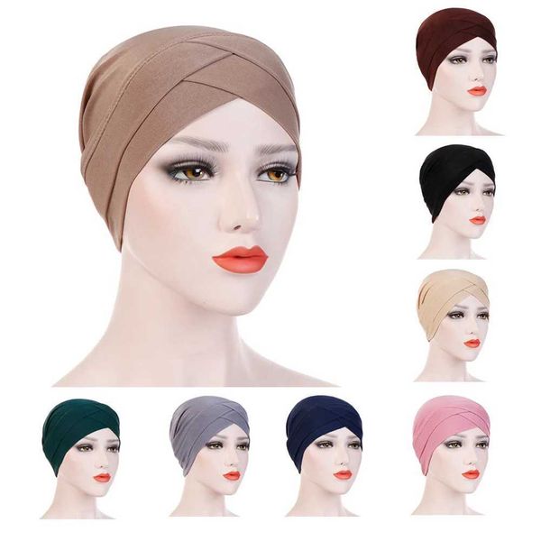 Mulheres elástico turbante chapéu cruz cabeça envoltório algodão hijab boné cor sólida lenço macio moda muçulmano chapéus cachecol de alta qualidade novo 230920