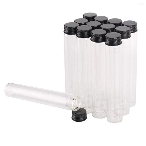 Bottiglie di stoccaggio 12 pezzi Fiale in vaso di vetro da 100 ml Terrario con coperchi in alluminio nero Dimensioni 30 Contenitore da 180 mm per bomboniere