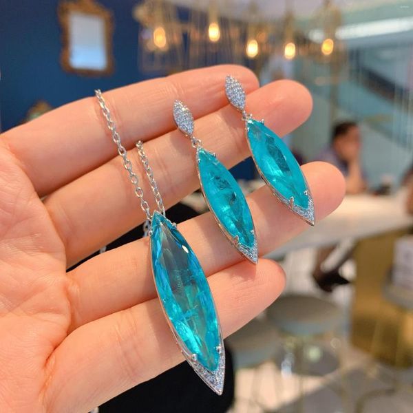 Halskette Ohrringe Set 2023 Mode Blau Paraiba Kristall Edelstein Anhänger Quaste Ohrring Luxus Große Wassertropfen Schmuck Geschenk Für Frauen