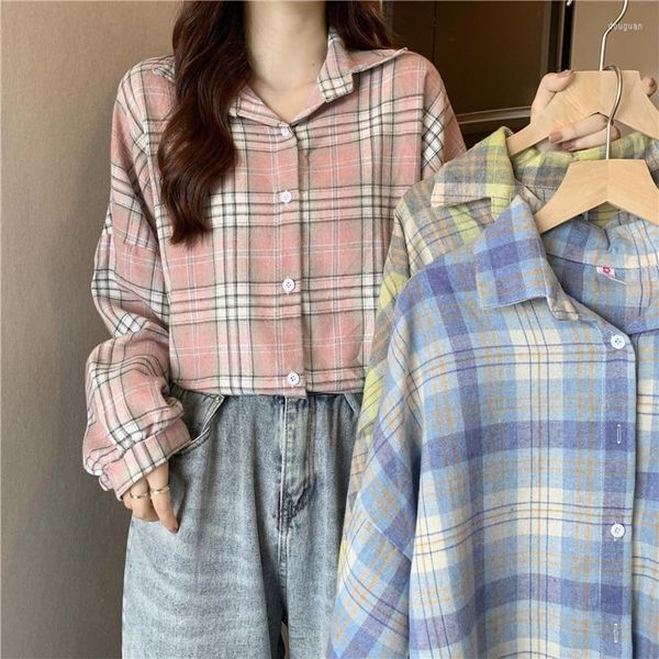 Camicette da donna Autunno Vintage Plaid Camicetta oversize Donna Moda coreana Lanterna Camicie in cotone con maniche Studente Button Up Tops Mujer 2023