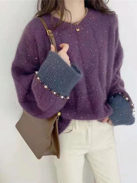 Suéter feminino suéter de malha puxado, moda coreana, pescoço, contas, top solto, manga comprida, jumper, roupas de dia de natal 231122