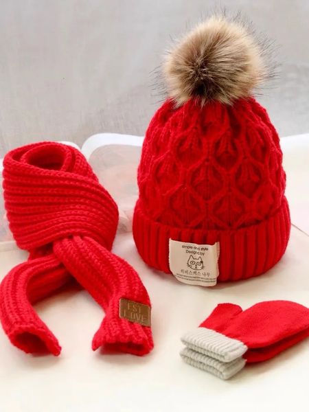 Berretti Cappelli Cappelli Sciarpe Guanti Set Cappello e sciarpa per bambini in tre pezzi autunno/inverno caldo cappello lavorato a maglia per neonato ragazzo ragazza cappello lavorato a maglia in lana carino cappello alla moda 231113