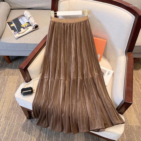 Юбки, однотонная винтажная длинная бархатная плиссированная юбка, женская осень-зима 2023, модная женская трапециевидная юбка с высокой талией
