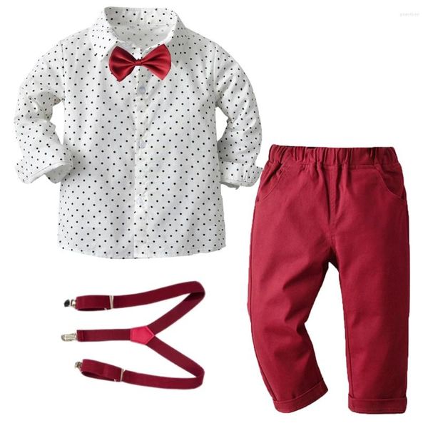 Комплекты одежды для мальчиков, весенне-осенняя одежда для малышей, клетчатая рубашка с длинными рукавами, подтяжки, красные штаны, 4 шт., торжественная одежда для банкета, джентльмена