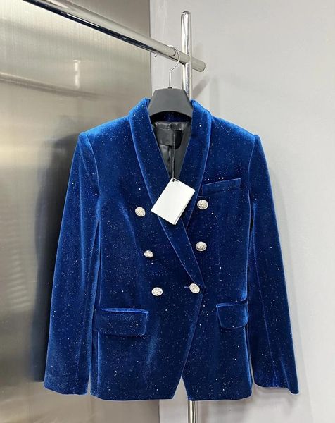 Kadınlar Suits 2023 Sonbahar/Kış Blue Velvet Yıldızlı Gökyüzü Sekonları Gümüş Düğme Tşini Yaka Takım Takım Uzun Kollu