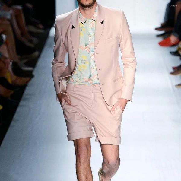 Ternos masculinos verão shorts kit rosa mais recente design notch lapela único breasted blazer casamento inteligente casual smoking 2 peça terno fino ajuste