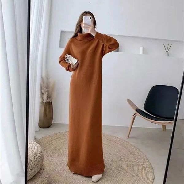 Grundlegende Casual Kleider Rollkragen Gestrickte Lange Kleid Frauen Super Große Pullover ALine Koreanische Elegante Feste Dicke Vestidos 231122