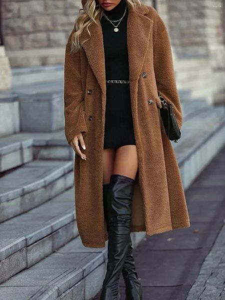 Женские плащи, классическое плюшевое пальто, длинное, осень-зима 2023, модное пальто, костюм с воротником, свободная винтажная одежда миди