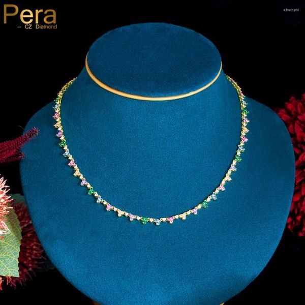 Ketten Pera Gelbgold überzogener bunter Zirkonia-elegante Blatt-Form-Tennis-Halskette für Frauen-Liebes-Jahrestags-Geschenk P055