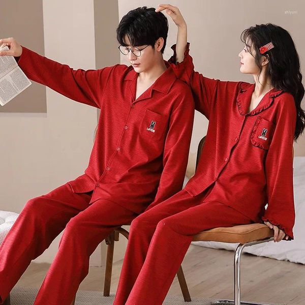 Herren-Nachtwäsche Rot für Paare Herbst Baumwolle Nighwear Frauen und Männer Passende Pyjamas Set Koreanische Strickjacke Homewear Mujer Pjs Hombre