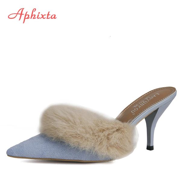 Pantofole Aphixta Morbida vera pelliccia di coniglio Peluche Pantofole da donna a punta 6cm / 8cm Scarpe con tacco sottile Scarpe con tacco piatto Presentazioni aziende produttrici giochi 231123