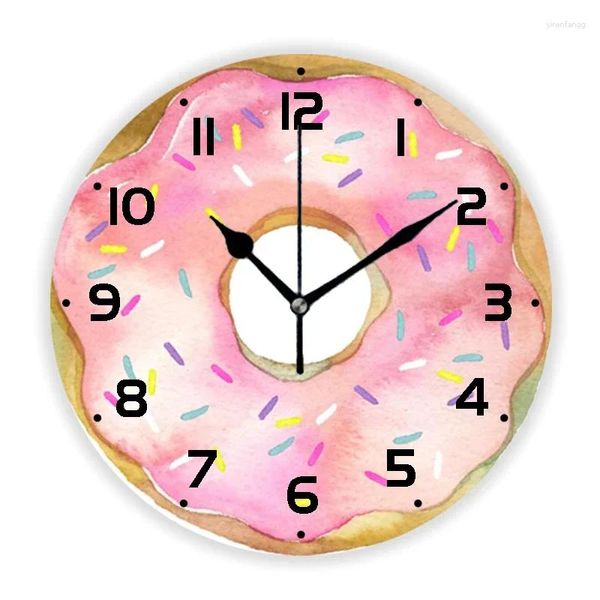 Relógios de parede 3D Bonito Rosa Aquarela Donut com Sprinkles Relógio de Cozinha Feminino Donut Round Watch para Kid Room Berçário Decoração Presente