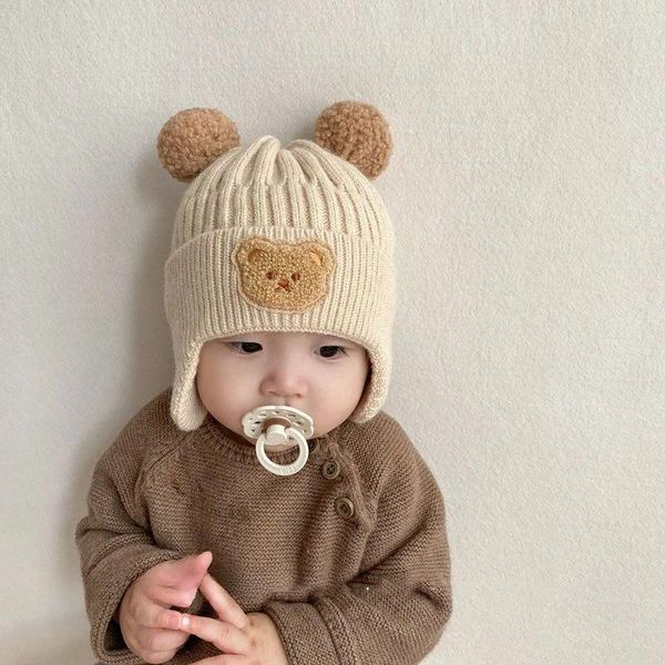 Berets bebê chapéu de lã bonito urso earmuffs crianças inverno engrossar malha térmica