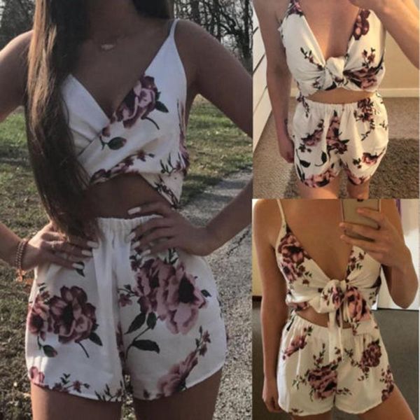 Damen Jumpsuits Strampler Sommer Schulterfrei Kurz Playsuits Strand Lose Blumen Strampler