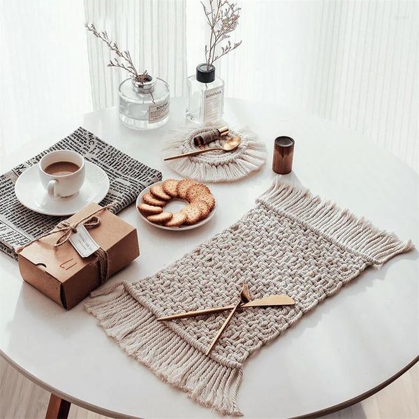 Tapetes de mesa macrame retângulo tecido bohemia copo almofada tapete de jantar decoração resistente ao calor pratos antiderrapante café cupplacemat almofada