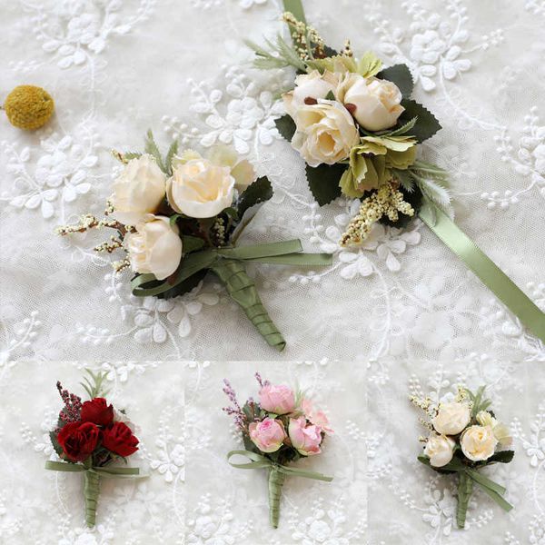 Altri accessori di moda Silk artificiale Silk Plastic Rose Groom Boutonniere Man Suit Stup Corsage Bridal Bottose Wedding Wor Flower Party Dec J230422