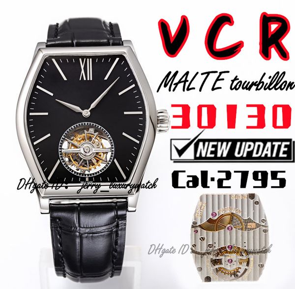 Relógio masculino de luxo de videocassete 30130 Malte Tourbillon Watch, 38x48mm, movimentação mecânica de New Cal.2795. Espelho de safira, barril de vinho, preto